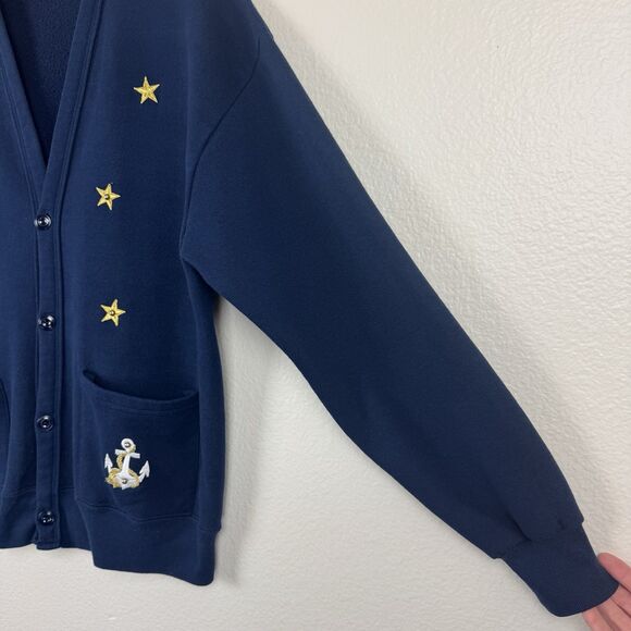 Vintage 90s Jerzees Embroidered Nautical Anchor Sweatshirt Cardigan Navy Blue OS - Picture 9 of 16